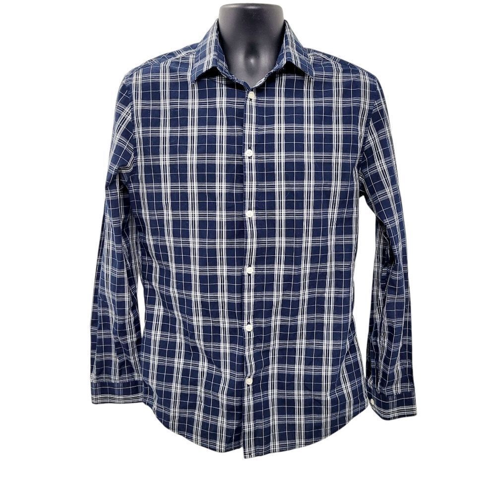 2/$20 H&M Navy Blue & White Plaid Pattern Buttons Down Shirt Slim Fit Size: M